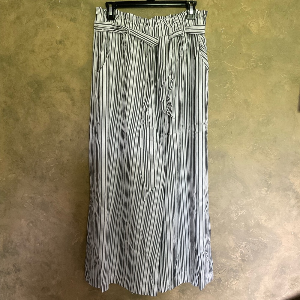 Dex Striped Wide Leg Palazzo Pants L 12 PaperBag HighWaist LinenLook LinenVibe G